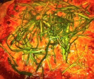 Roasted whole wheat pizza and asparagus shavings